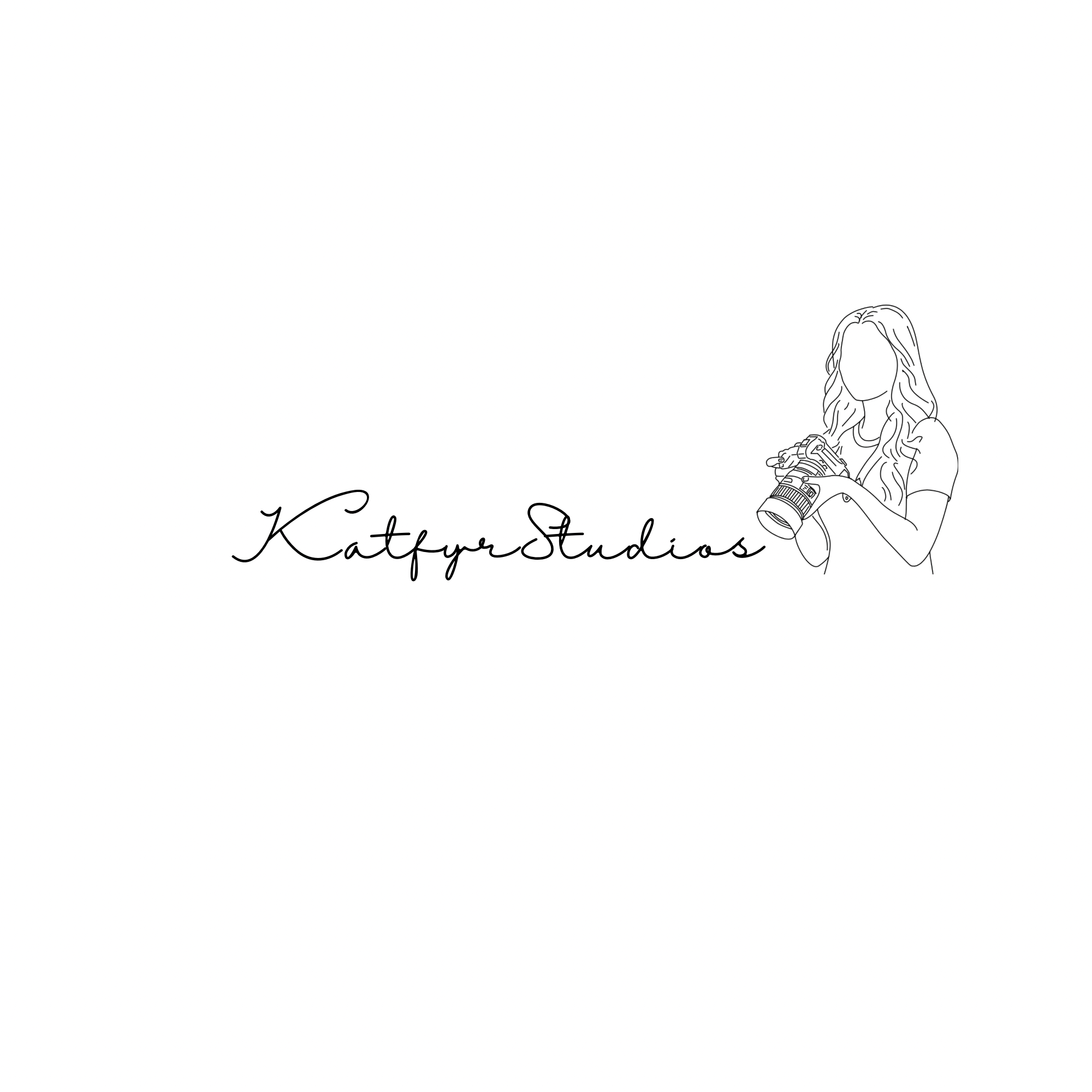 Logo for Katfyre Studios featuring a handwritten script of the name and a line art illustration of a woman holding a camera.