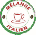 Logo rond avec un mot 'MÉLANGE' en haut et 'ITALIEN' en bas, couleur verte, au centre un dessin de tasse à café rouge.