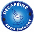 Logo de Decaféiné sans solvant, avec une tasse de café en blanc sur fond bleu.
