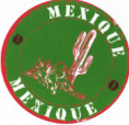 Logo circulaire vert avec texte 'México Pinteque' en arc et image d'une plante et d'un cactus au centre.