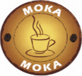 Logo rond marron avec une tasse de café jaune à l'intérieur et le texte 'MOKA MOKA' en blanc autour.