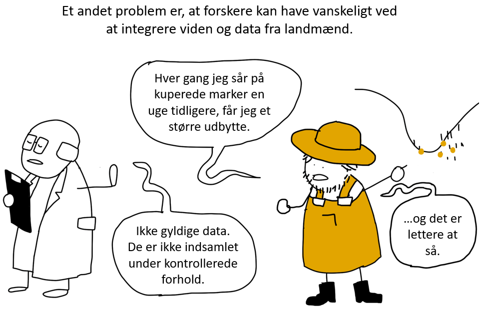 Cartoon illustration of two men discussing data collection. One man appears to be a scientist or researcher with glasses and a lab coat, holding a clipboard. The other man is dressed as a farmer with a hat, overalls, and boots, with a fishing line in