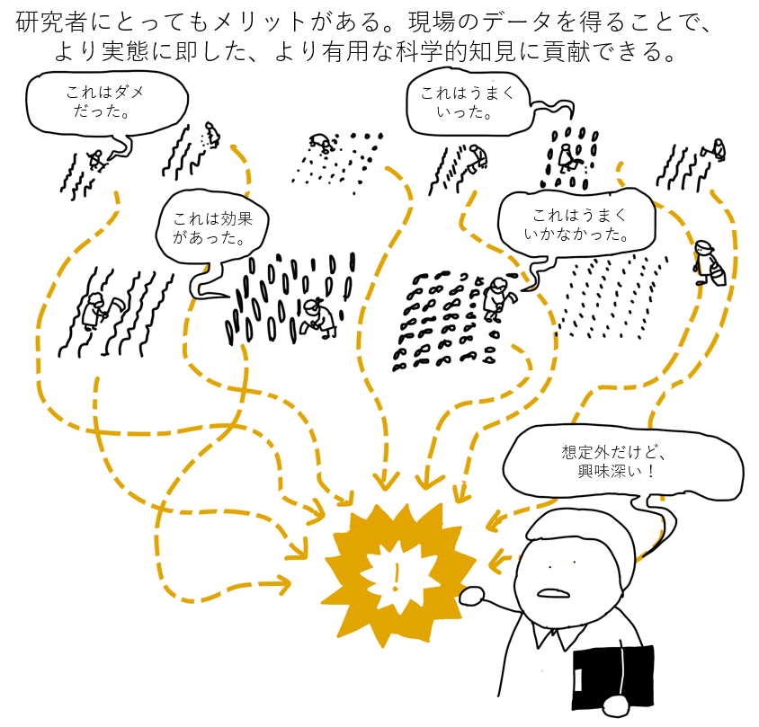 A scientist observing various farming plots, with thoughts about data collection and its scientific value. The plots show different crop experiments, some successful and some not. The scientist comments on the shortcomings and potential of the data c