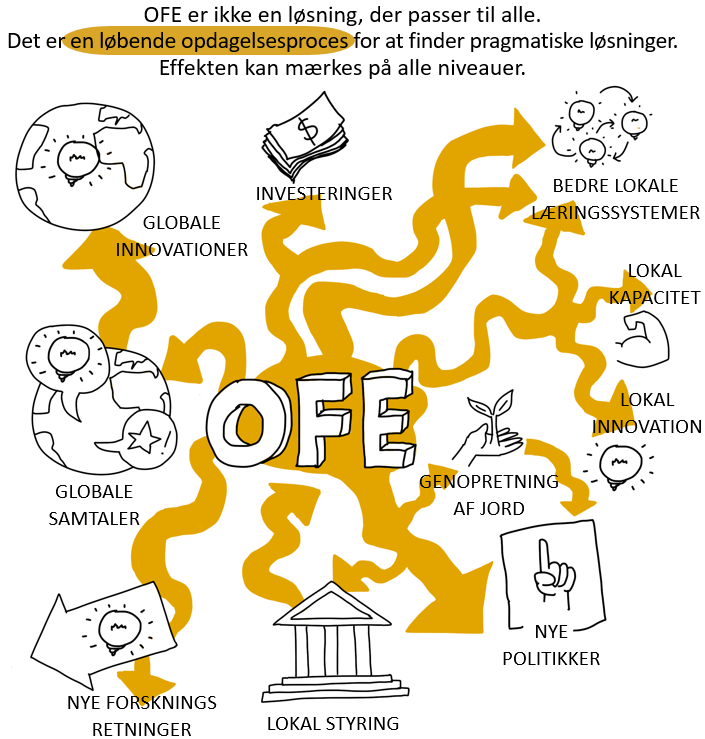 Diagram illustrating the OFE process with interconnected pathways leading to global innovation, local governance, investment, and policy decisions, featuring drawings of the Earth, research directions, and a government building.