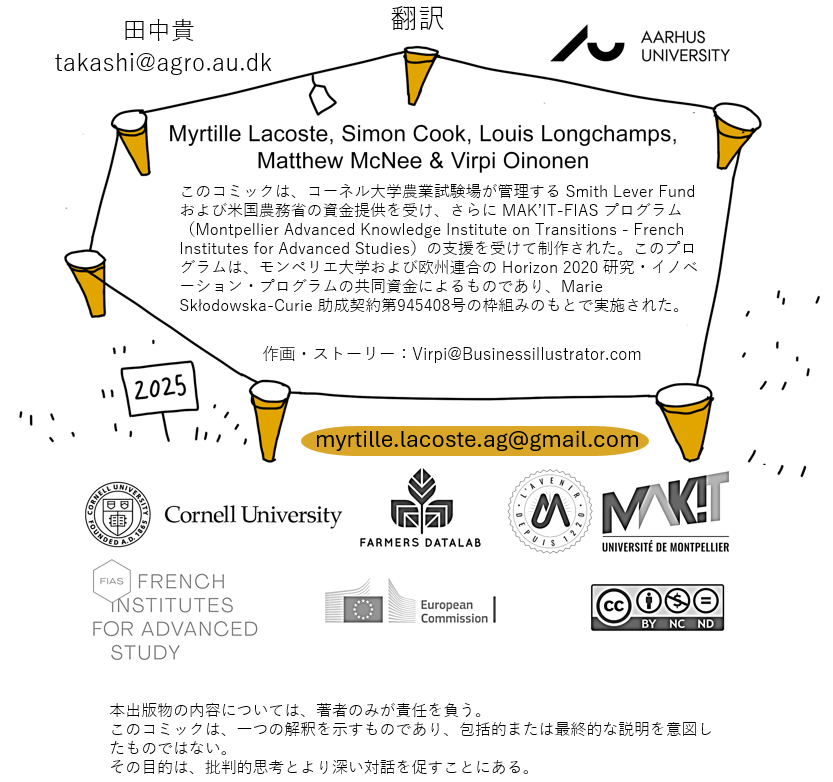 A graphic poster with text in Japanese and English, featuring logos of Cornell University, French Institutions for Advanced Study, European Commission, and other sponsors. The poster mentions a comic project involving multiple authors, including Myrt