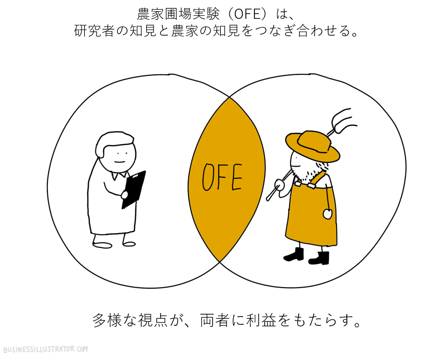 A Venn diagram comparing a researcher and a farmer, with the overlapping section labeled "OFE," illustrating that diverse perspectives benefit both groups.