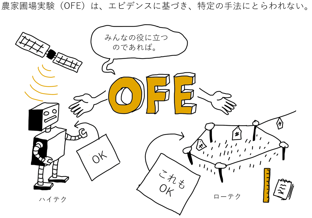 A cartoon illustration explaining the concept of on-farm experiment (OFE). It features a robot holding a sign that says 'OK', a satellite above, large letters spelling OFE with arms and speech bubble, and a fenced experimental plot with hanging tags.