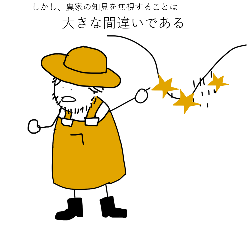 Cartoon illustration of a scarecrow wearing a wide-brimmed hat, overalls, and boots, holding a lit sparkler in one hand, with Japanese text above that says 'However, ignoring the knowledge of farmers is a big mistake'.