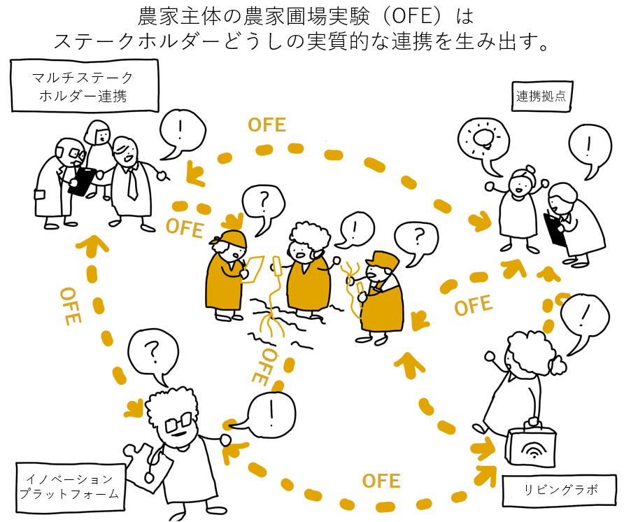 Diagram illustrating the Open Farm Experiment (OFE) showing collaboration between farmers and stakeholders, and the use of innovation platform and living lab in a circular process with questions and exclamations.