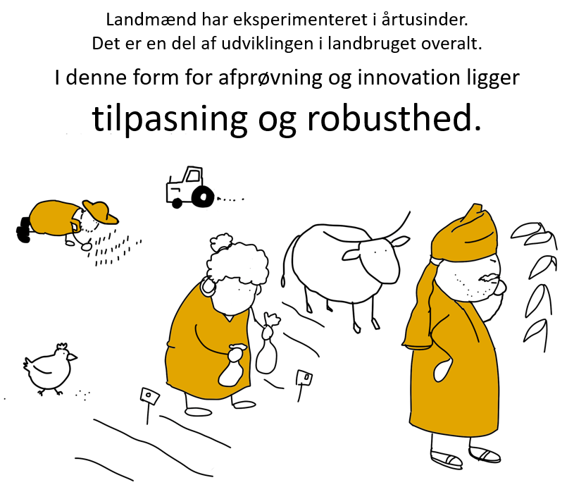 Illustration of farmers working in a field, with text in Danish about innovation and resilience in agriculture, featuring a farmer planting seeds, a tractor, a sheep, and a woman with a headscarf.
