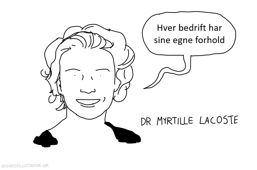 Black and white sketch of a woman with short wavy hair, smiling, wearing earrings and a dark top. She has a speech bubble that says something in a non-English language. Text below reads "DR. MYRTILLE LACOSTE."