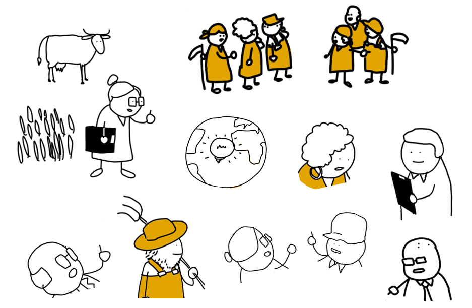 Illustration of various people, animals, and a globe, with some characters in yellow, including a cow, elderly woman, children, and adults, in a minimalist cartoon style.
