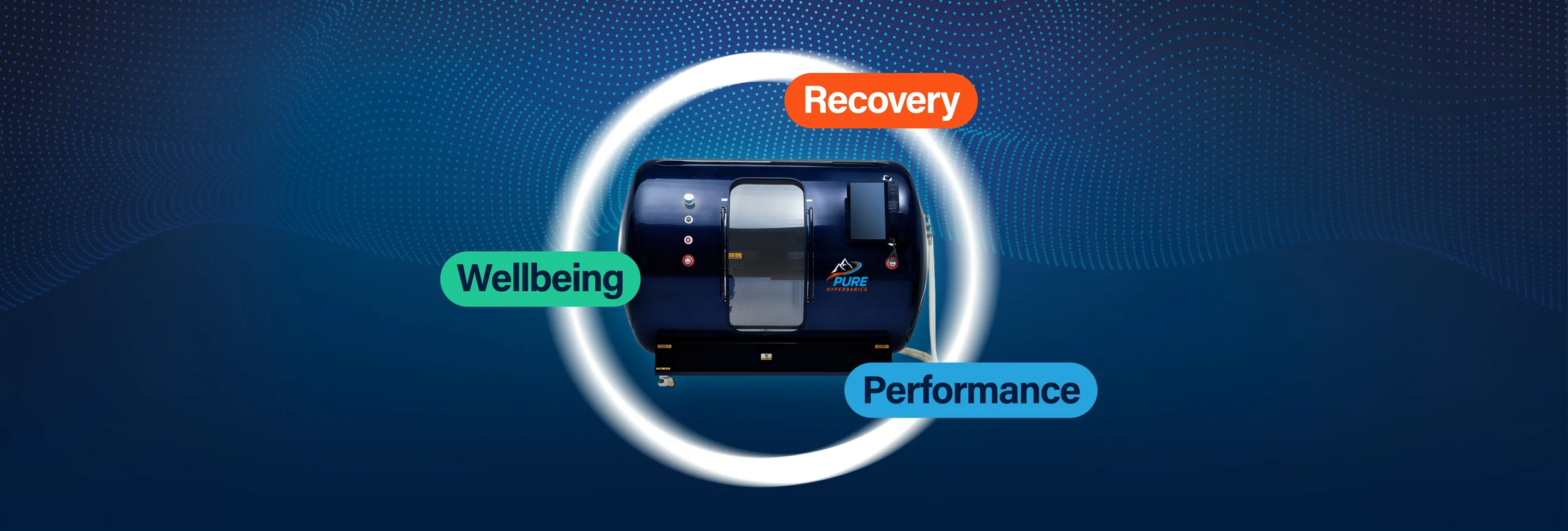 Medical recovery device with labels indicating 'Wellbeing', 'Performance', and 'Recovery' on a digital background.