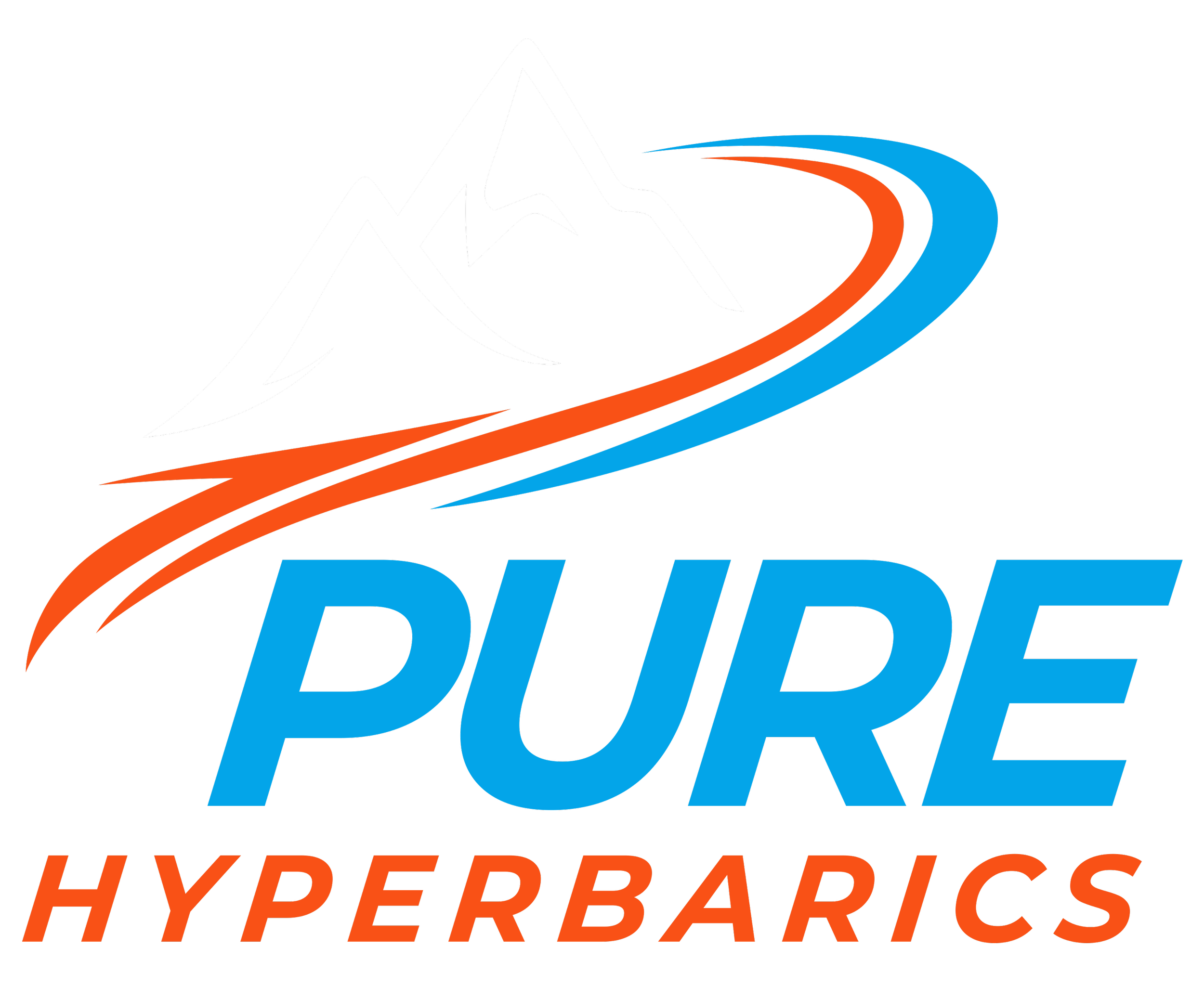 A logo featuring a white mountain with the words 'PURE HYPERBARICS' in blue and orange text underneath.