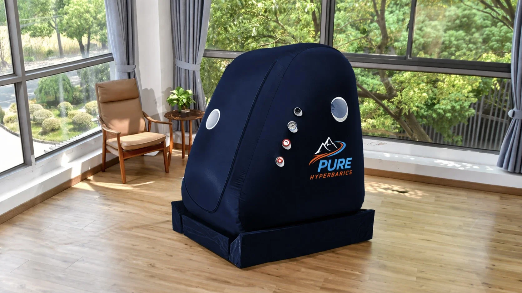 Indoor home scene featuring a small oxygen chamber