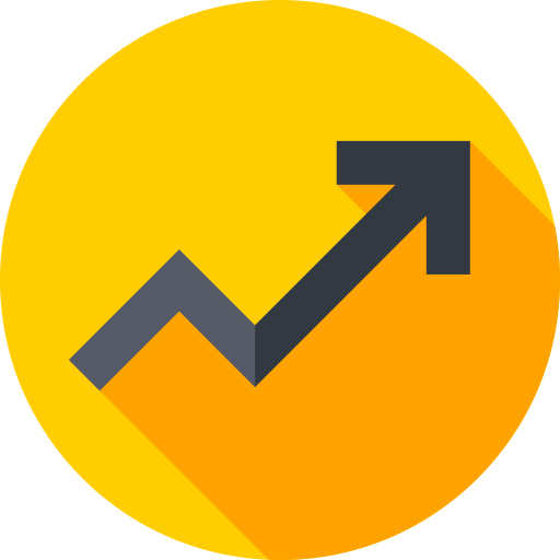Graphic of a rising arrow in a zigzag pattern on a yellow and orange circular background, symbolizing growth or increase.