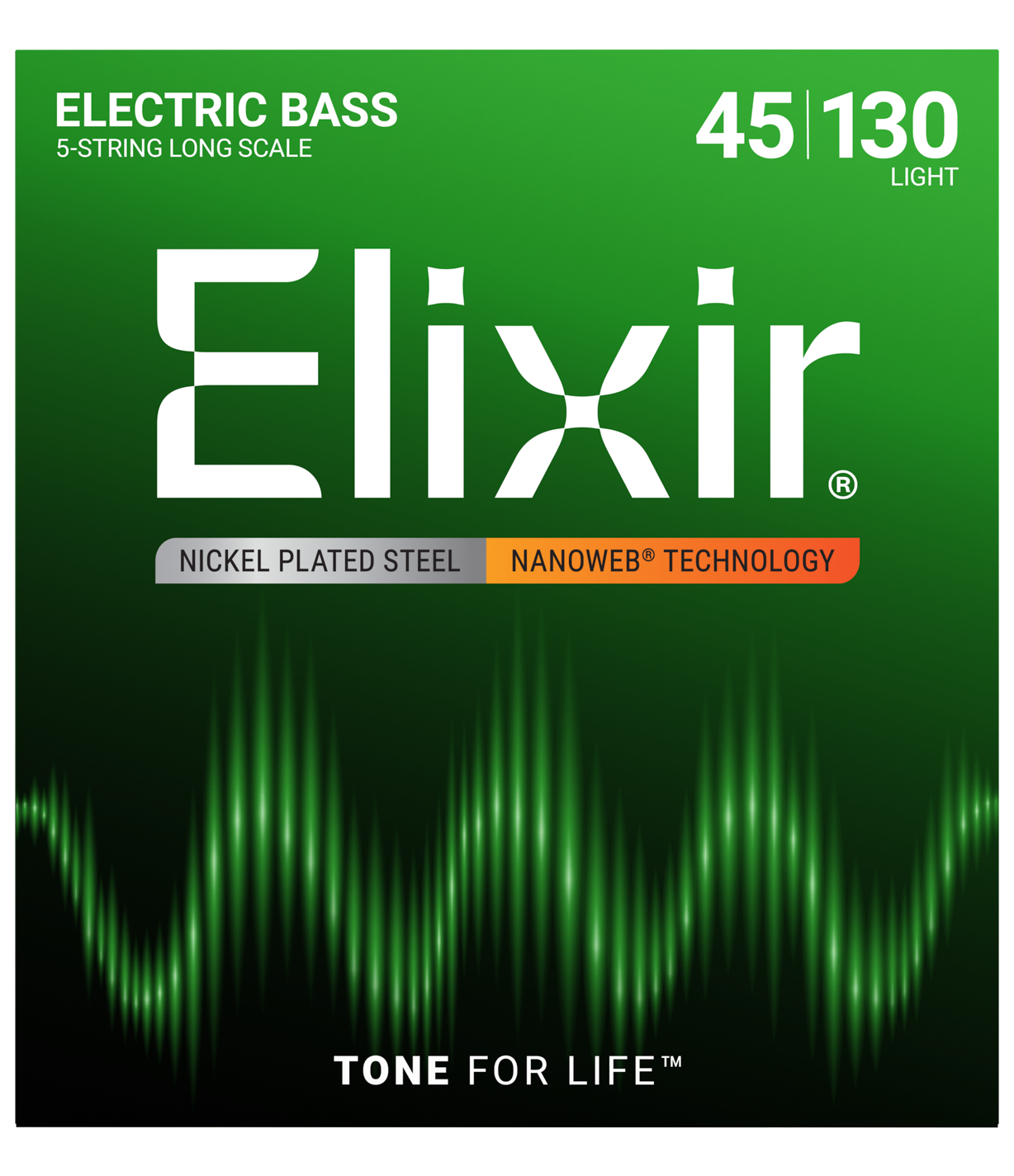 Green box of Elixir electric bass strings with specifications 45 130 light and features like nickel plated steel and nanoweb technology, with a background depicting sound waves.