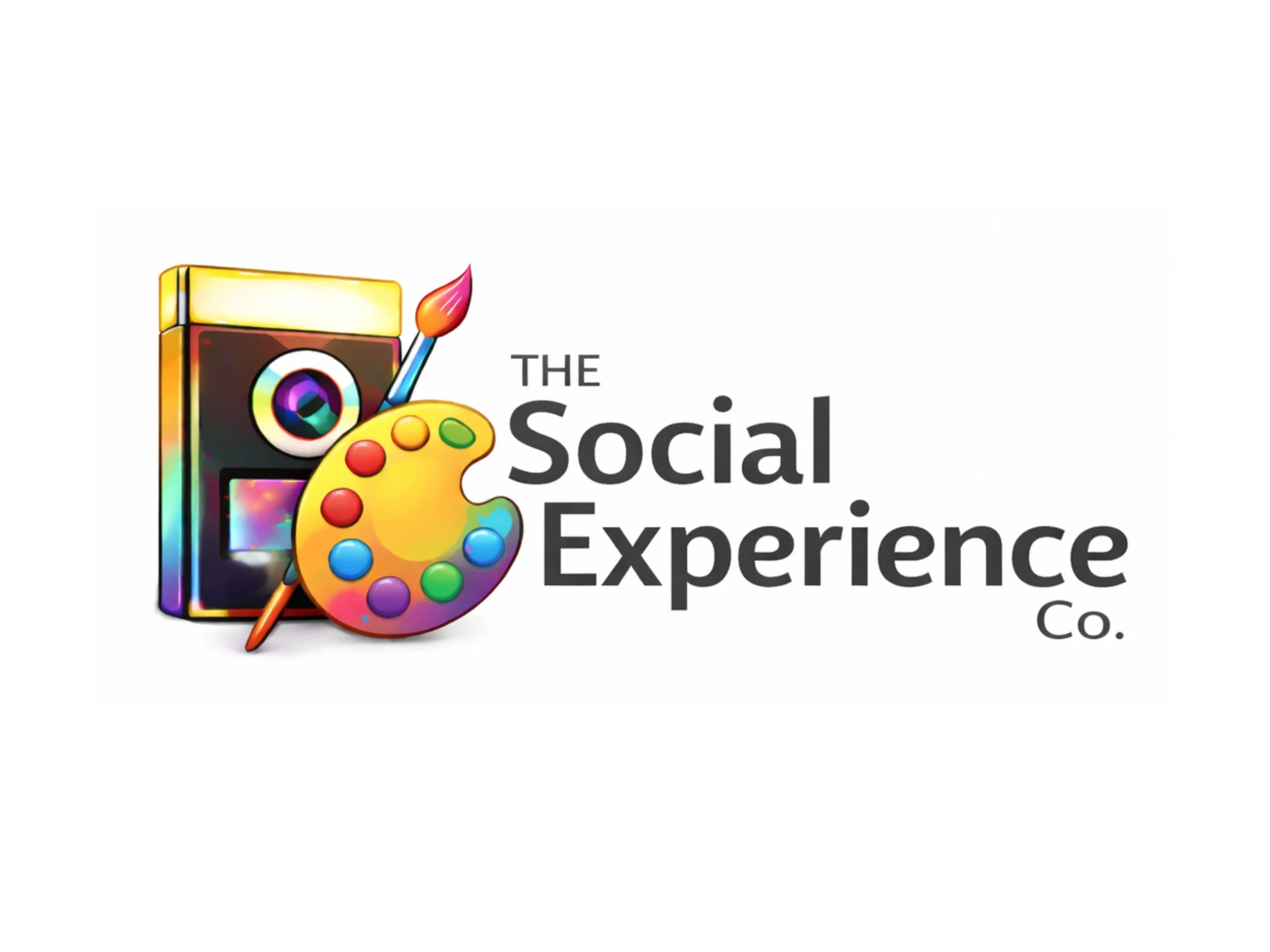 Logo of the Social Experience Company with a colorful speaker, artist palette, and paintbrush.