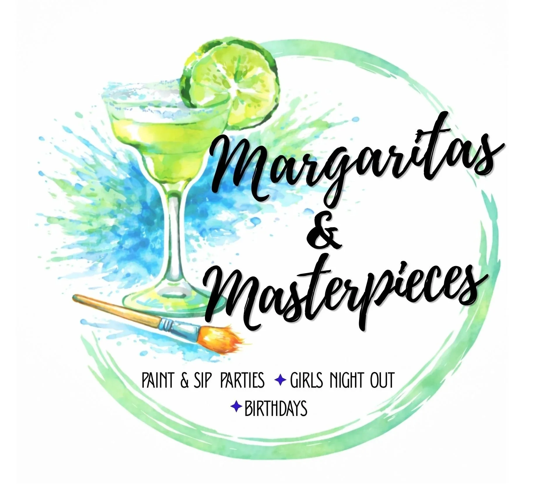 Watercolor illustration of a margarita glass with lime wedge and straw, with text 'Margaritas & Masterpieces' and details about paint and sip parties, girls night out, and birthdays.