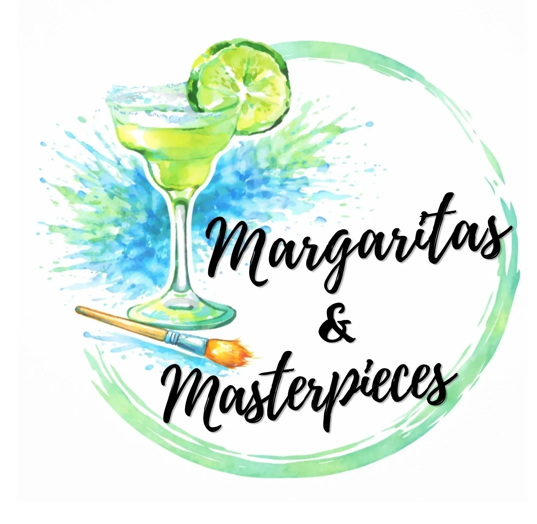 Watercolor illustration of a margarita glass with a lime wedge, a paintbrush, and text reading 'Margaritas & Masterpieces' in black cursive.