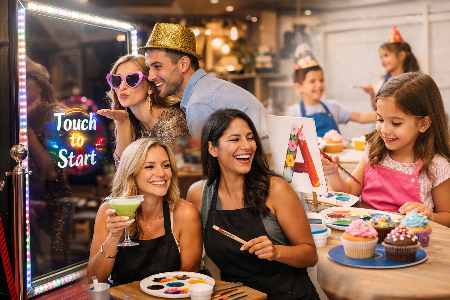 People celebrating a birthday party with colorful cupcakes, painting, and festive hats in a decorated indoor space.