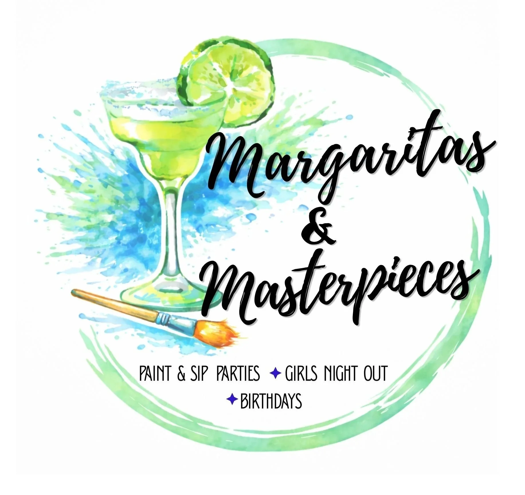 Colorful watercolor illustration of a margarita glass with lime slices, a paintbrush, and text promoting Margarita and Masterpieces events, including paint and sip parties, girls night out, and birthdays.