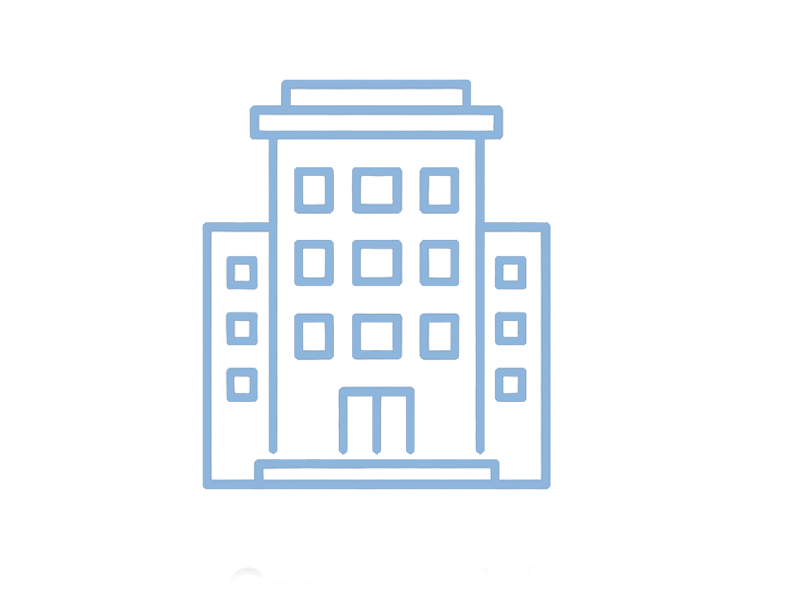 A schematic diagram of a building structure, showing different sections and levels in various shades of blue.