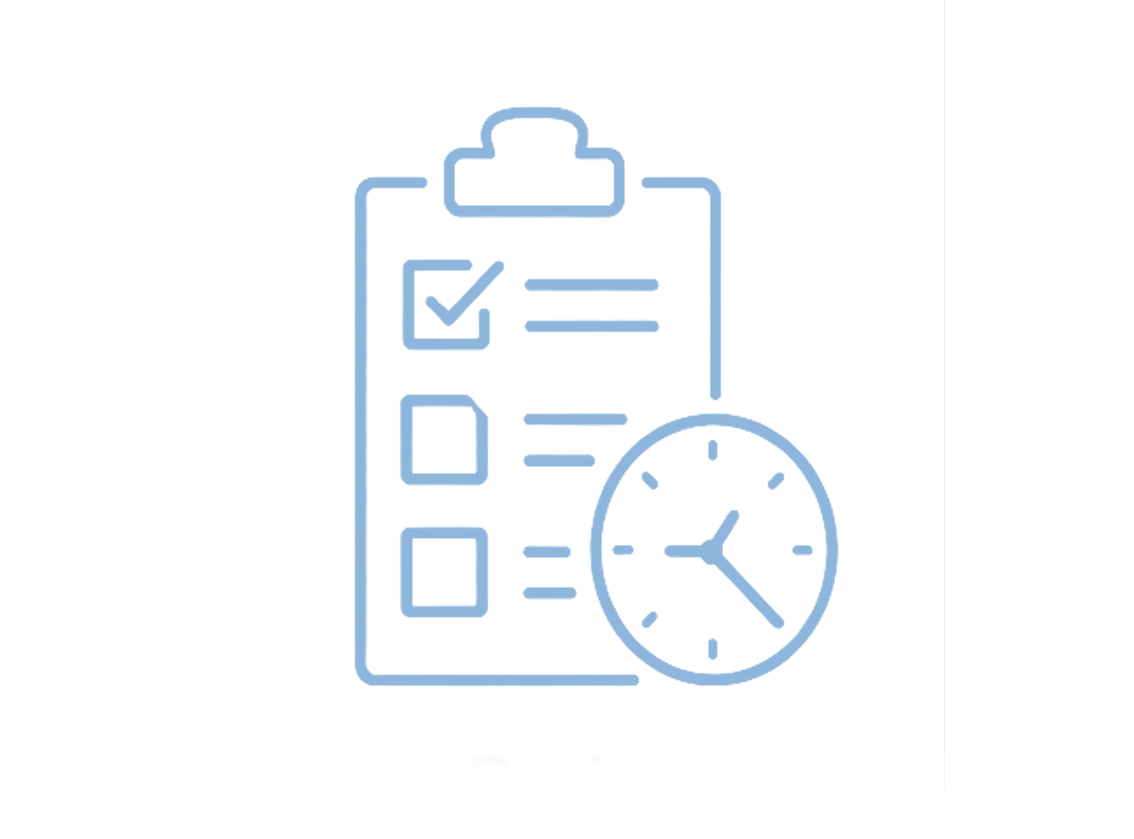 A checklist with a checkmark next to the first item, three empty checkboxes below, and a clock indicating the time is approximately 3:10, representing task management or scheduling.