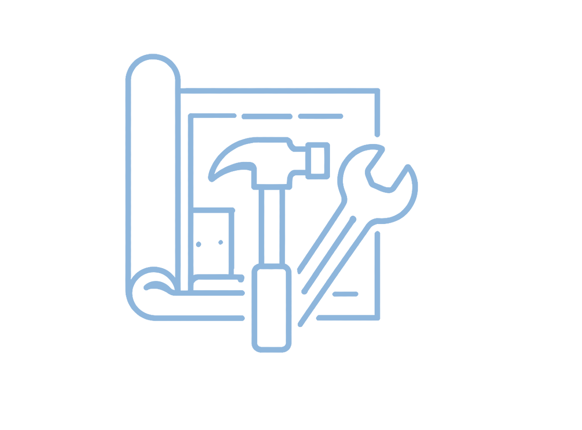 Blueprint with a hammer, wrench, and rolled-up plans.