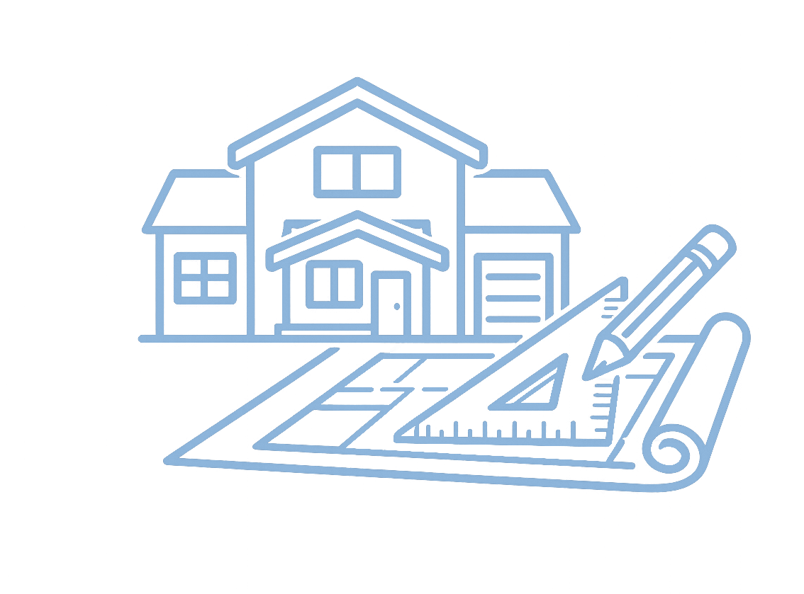 Line drawing of a house with a blueprint, ruler, pencil, and protractor in the foreground.