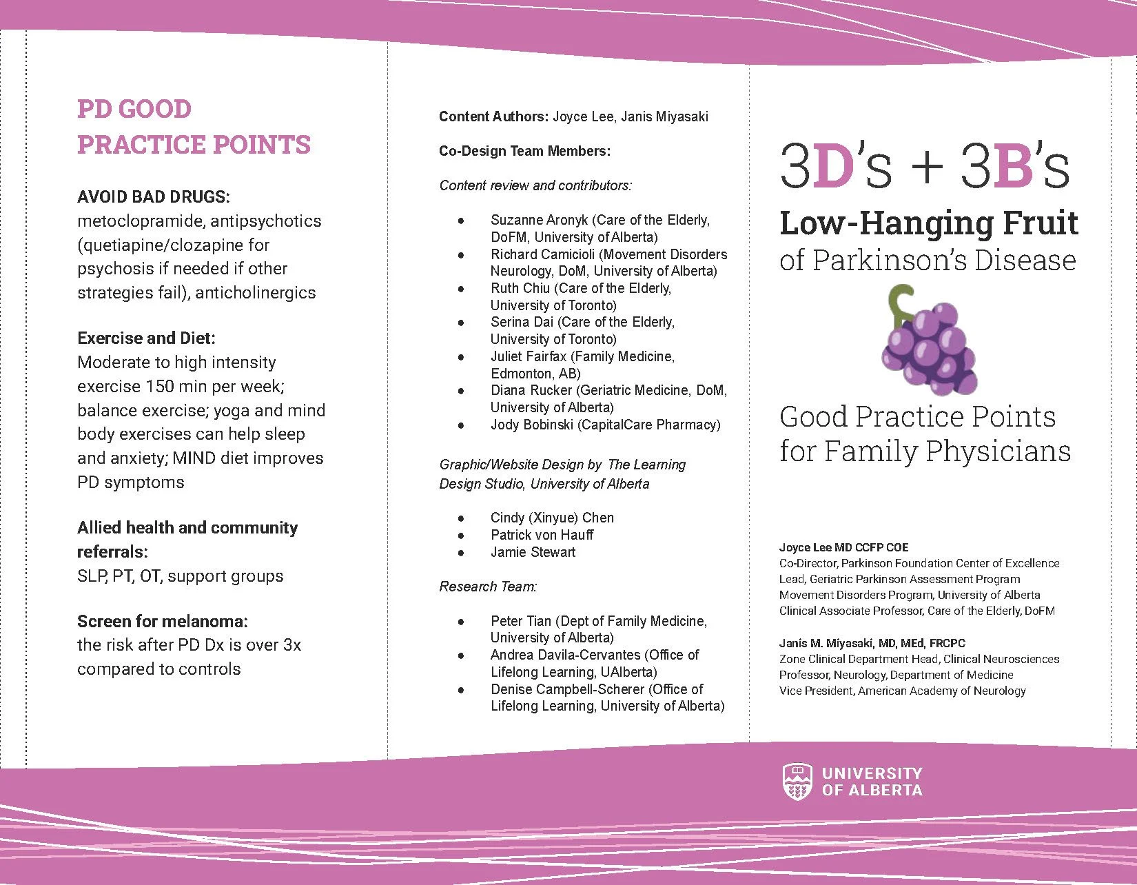 A flyer from the University of Alberta titled "3D's + 3B's" discussing good practice points for family physicians on managing Parkinson's Disease, featuring sections on avoiding bad drugs, exercise and diet, health and community referrals, and melanoma screening, along with author and team acknowledgments and a grape illustration.