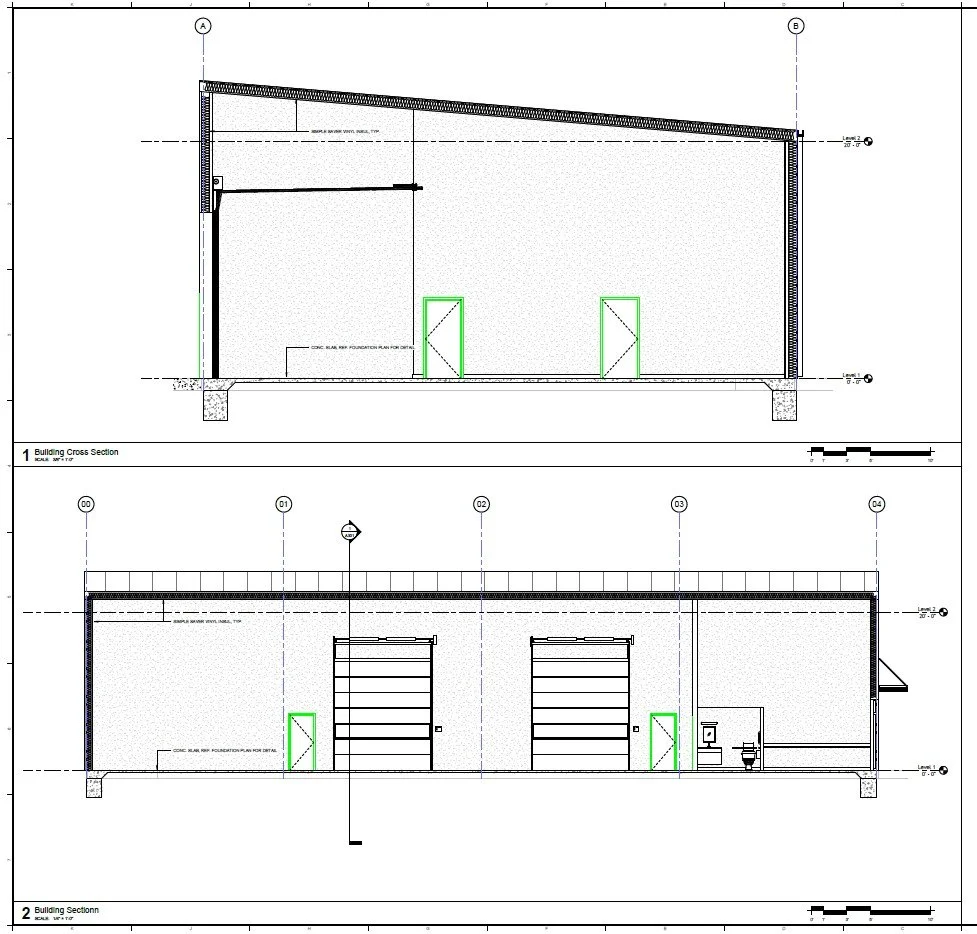 building section drawings showing interior clear height and overhead door layout for contractor ready industrial flex warehouse near Highway 97 and Interstate 44 Sapulpa Oklahoma Tulsa west industrial corridor