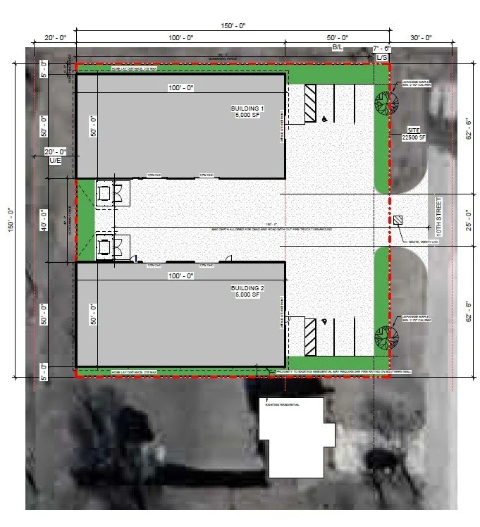 site plan showing two contractor ready industrial flex warehouse buildings near Highway 97 and Interstate 44 in Sapulpa Oklahoma Tulsa west industrial corridor