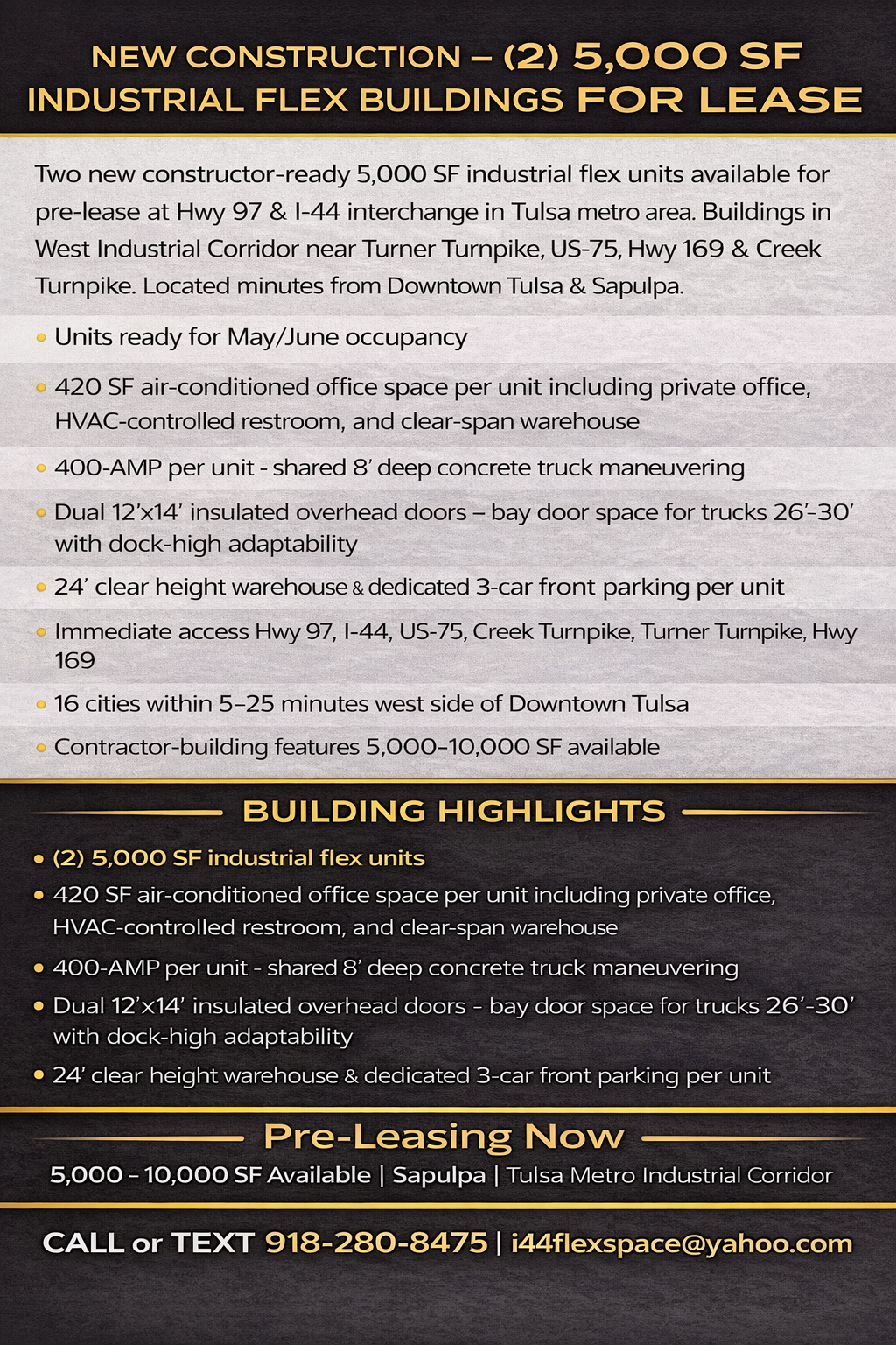 building highlights sheet for new construction 5000 square foot contractor ready industrial flex warehouse units near Highway 97 and Interstate 44 Sapulpa Oklahoma Tulsa west industrial corridor