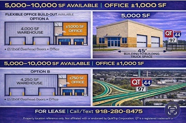 5000 to 10000 square foot contractor ready industrial flex warehouse suites with office buildout near Highway 97 and Interstate 44 Sapulpa Oklahoma Tulsa west corridor