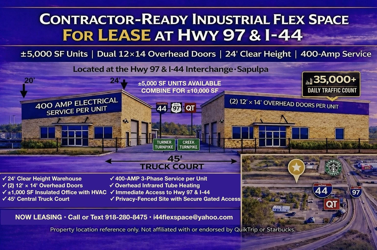 Contractor-ready industrial flex warehouse space for lease near Tulsa at Hwy 97 & I-44 in Sapulpa featuring ±5,000–10,000 SF suites with 24’ clear height, dual 12×14 overhead doors, 400-amp 3-phase power, insulated office HVAC, and gated access.