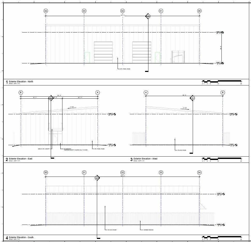architectural exterior elevation drawings of contractor ready industrial flex warehouse building near Highway 97 and Interstate 44 Sapulpa Oklahoma Tulsa west industrial corridor