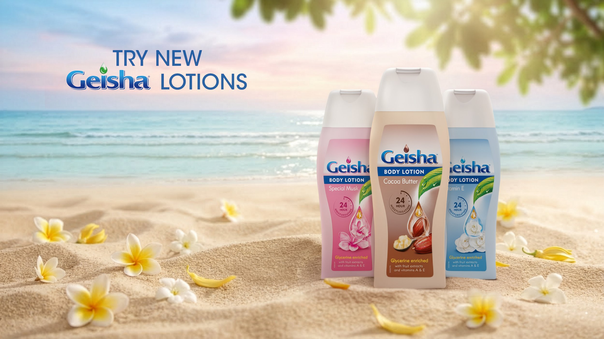 Photorealistic 3D product visualization of the Geisha body lotion range, featuring digital packaging models in a premium beach lifestyle environment.