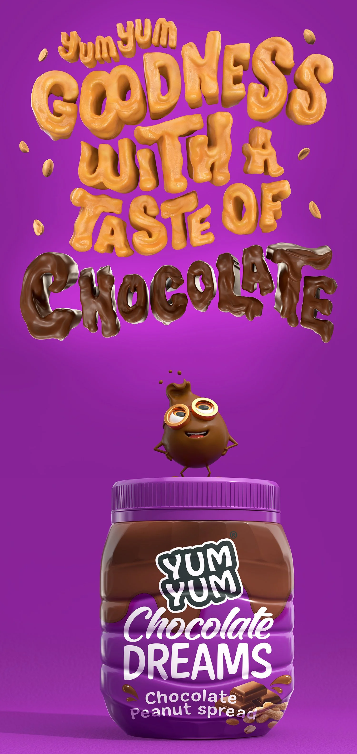 Photoreal 3D render of Yum Yum Chocolate Dreams peanut butter for in-store promotion
