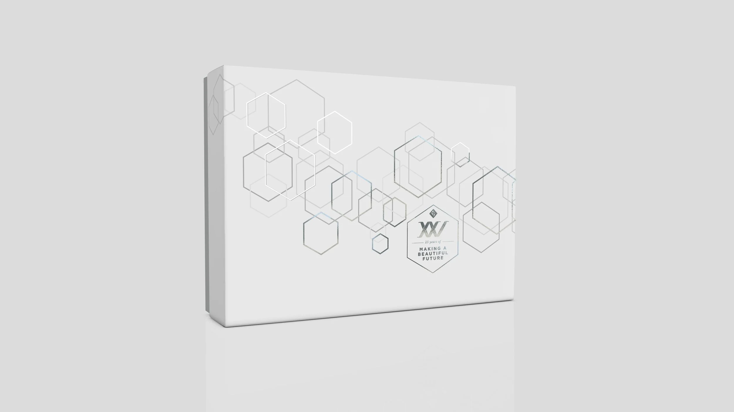 Photorealistic 3D render of Environ anniversary gift box with hexagon design on white background