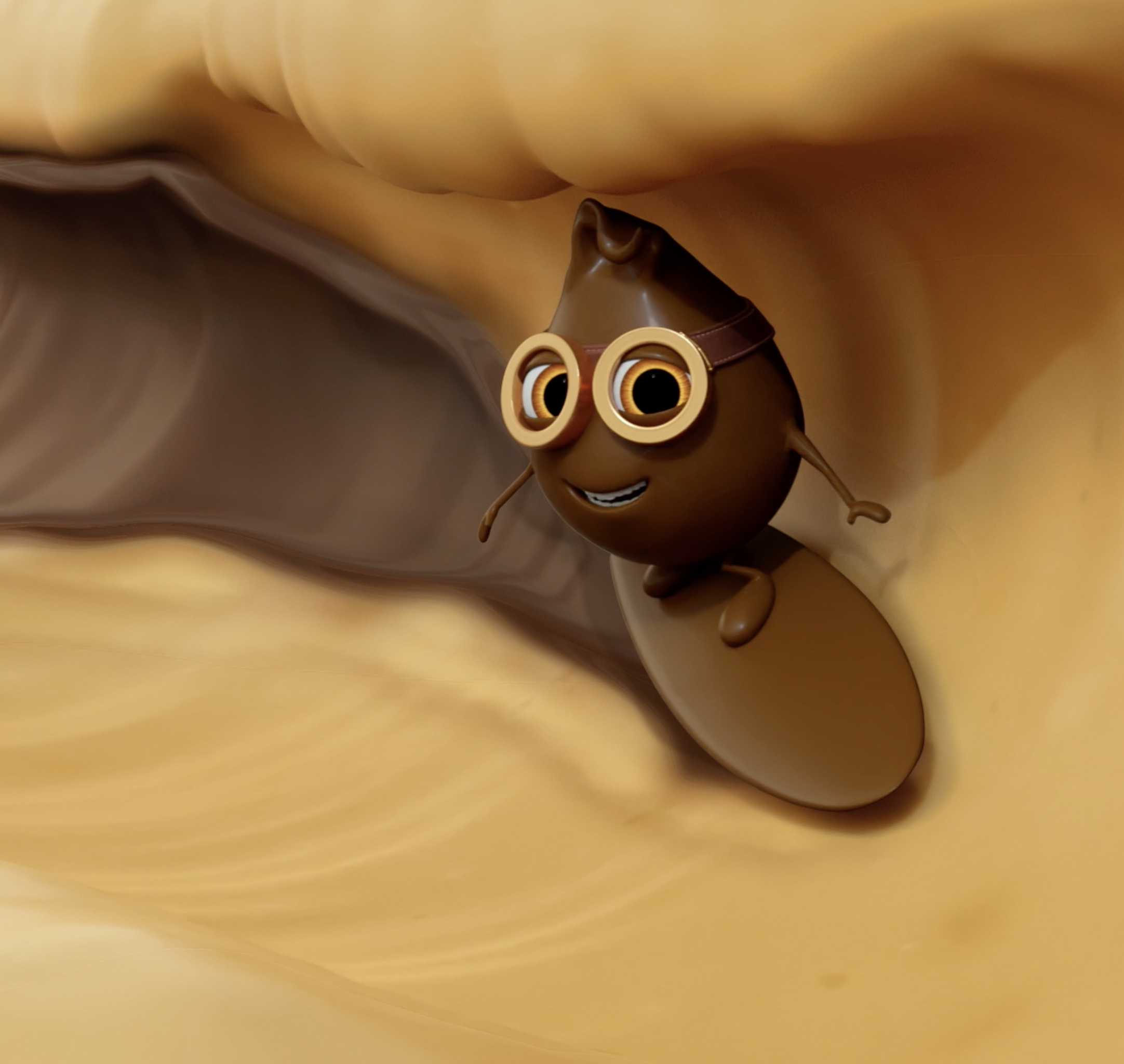 3D animated character surfing in peanut butter with caramel swirl background