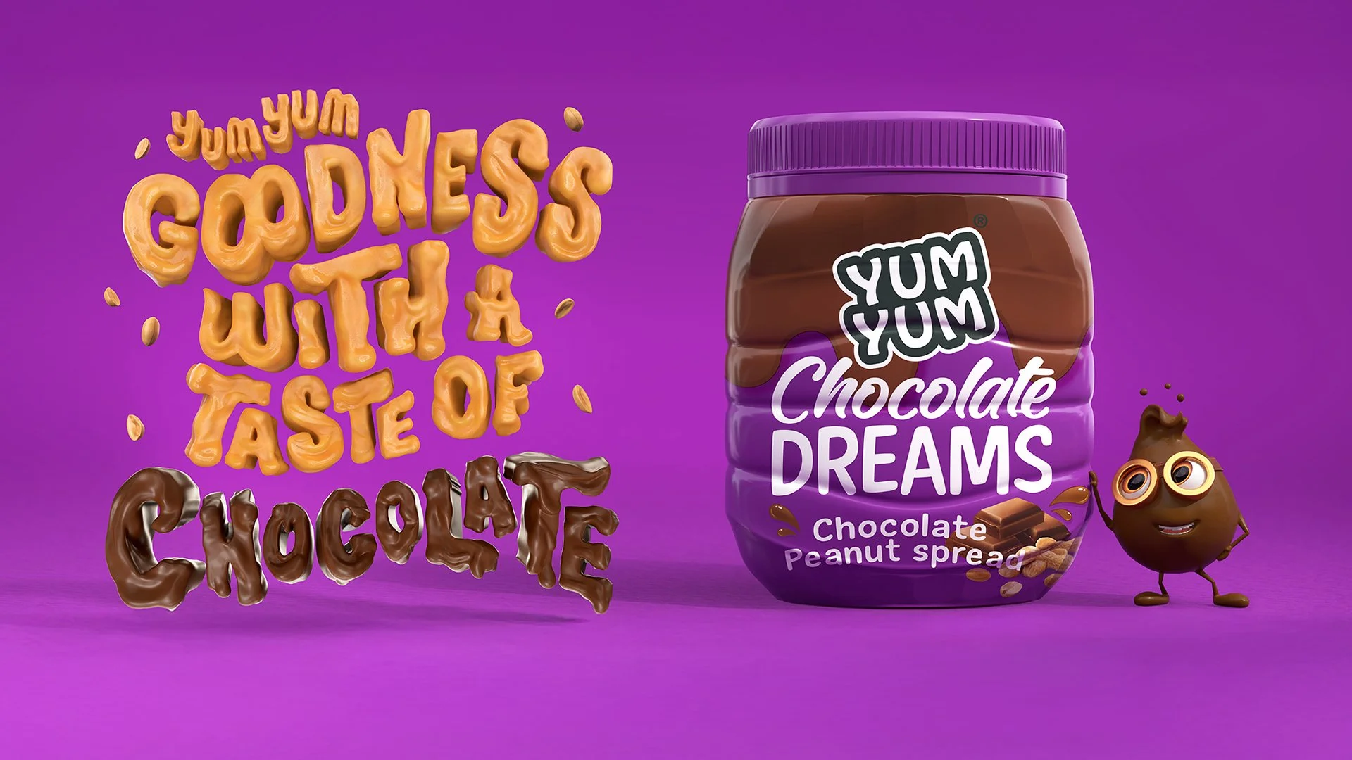 3D campaign visual combining product render, character and typography for Yum Yum Chocolate Dreams