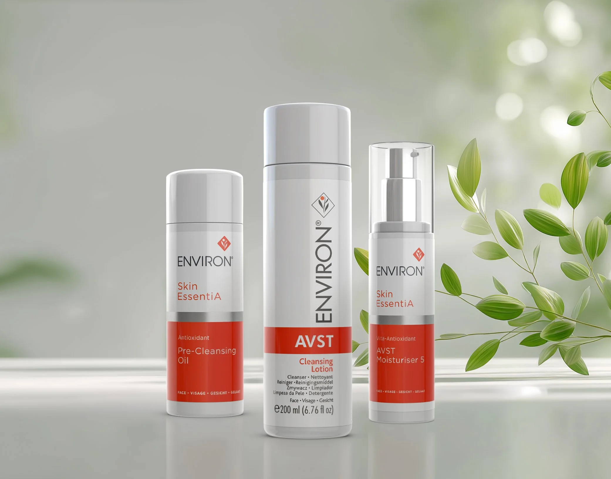 Photorealistic 3D renders of Environ skincare product range with three bottles on clean background