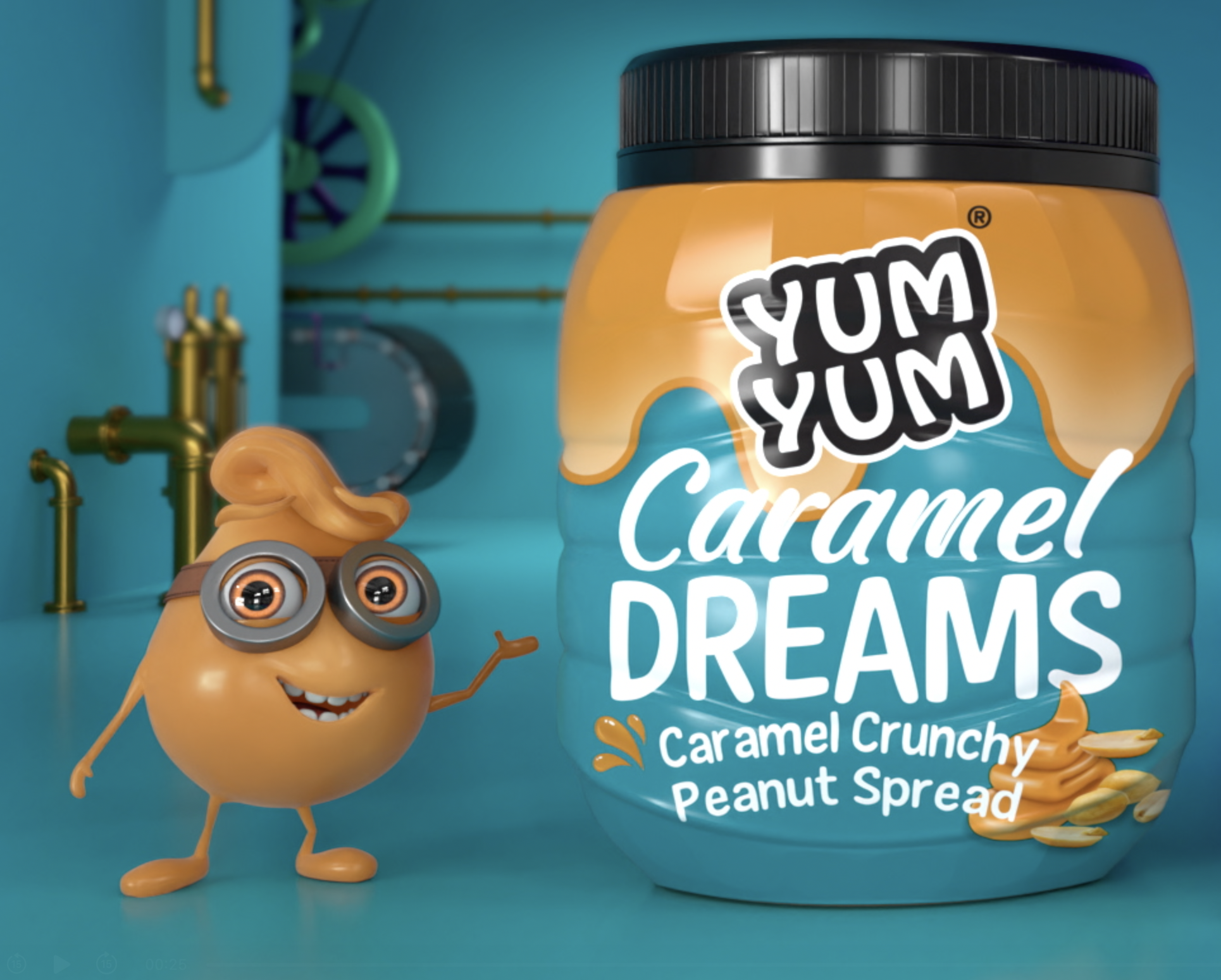 Photorealistic 3D render of Yum Yum Caramel Dreams peanut butter jar with character on purple background