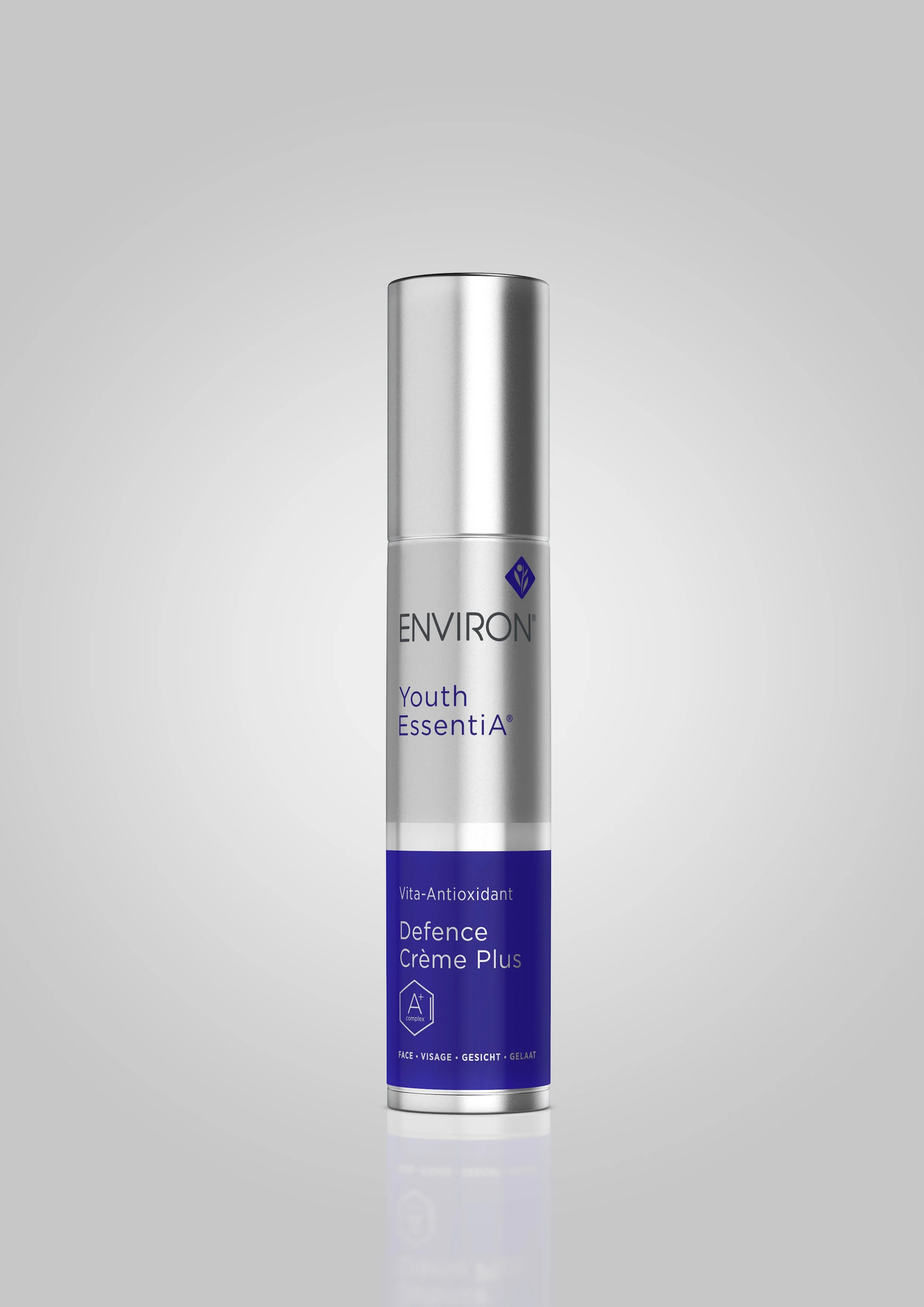 3D rendered Environ skincare product with metallic packaging and blue label