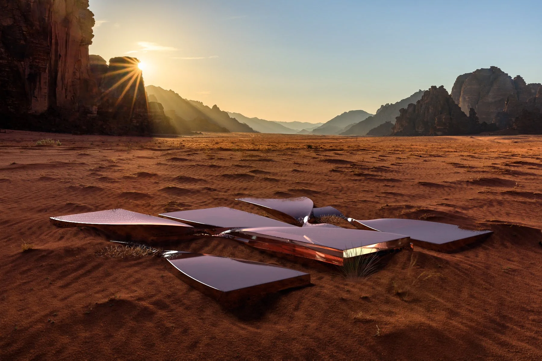 3D environment render featuring client emblem within a cinematic landscape