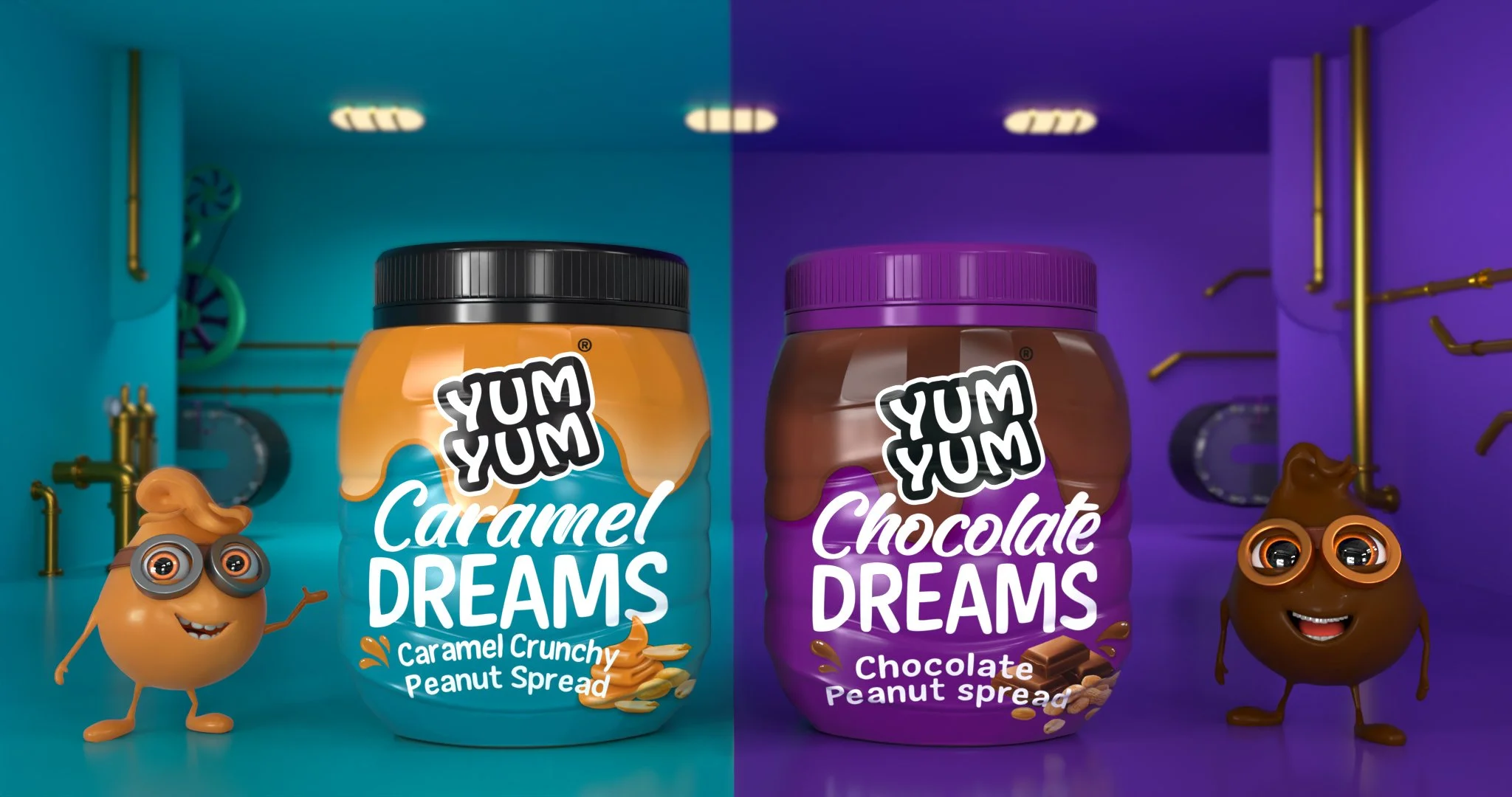 Character-led 3D render for Yum Yum Peanut Butter Chocolate and Caramel Dreams animation campaign