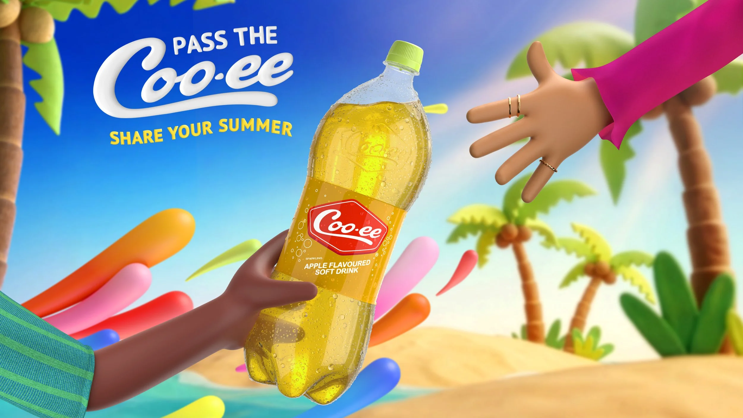 A 3D character animation still featuring a photorealistic Coo-ee soft drink bottle integrated into a vibrant, stylised summer environment.