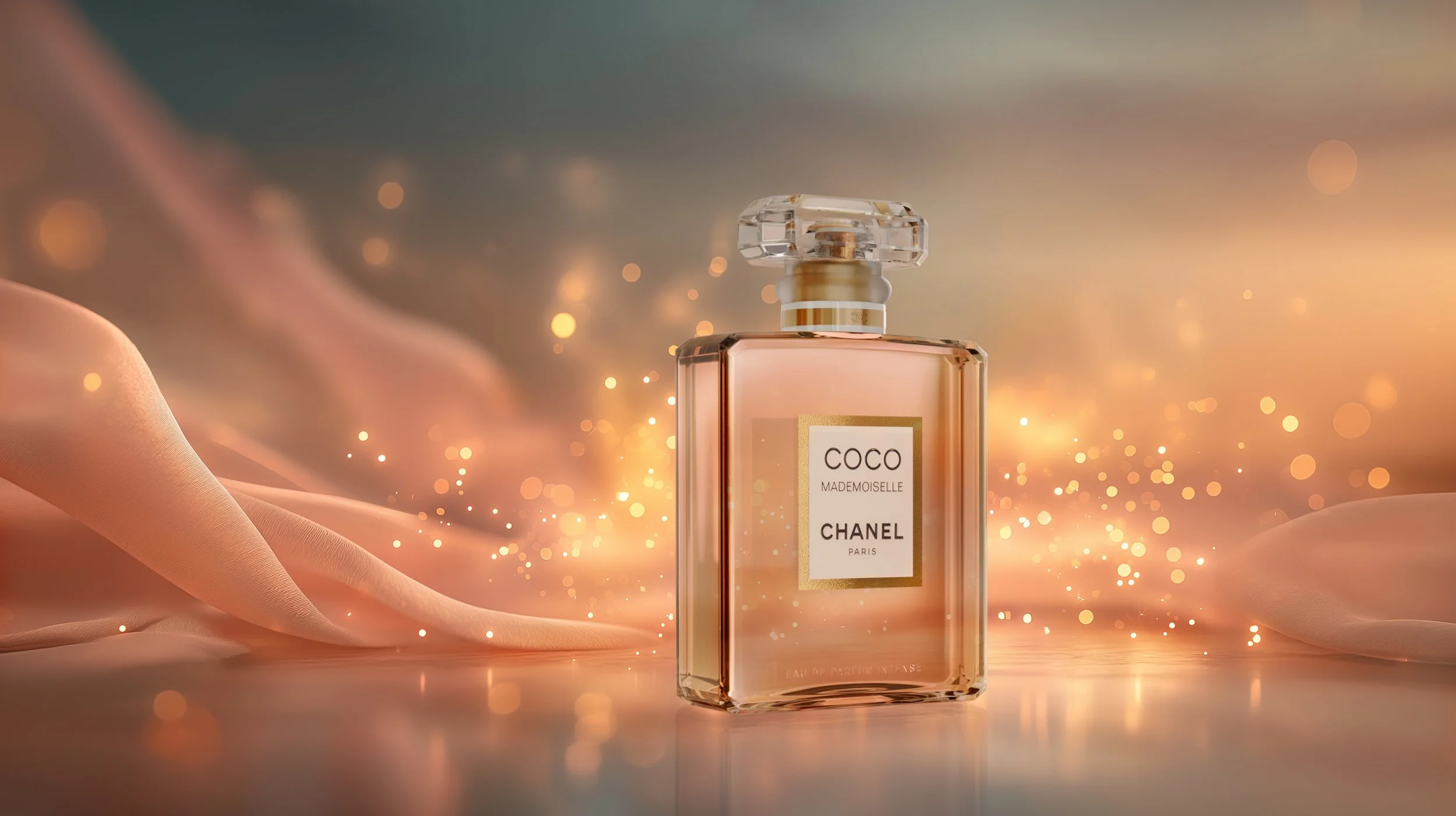 Photoreal perfume bottle render with soft lighting and atmospheric background