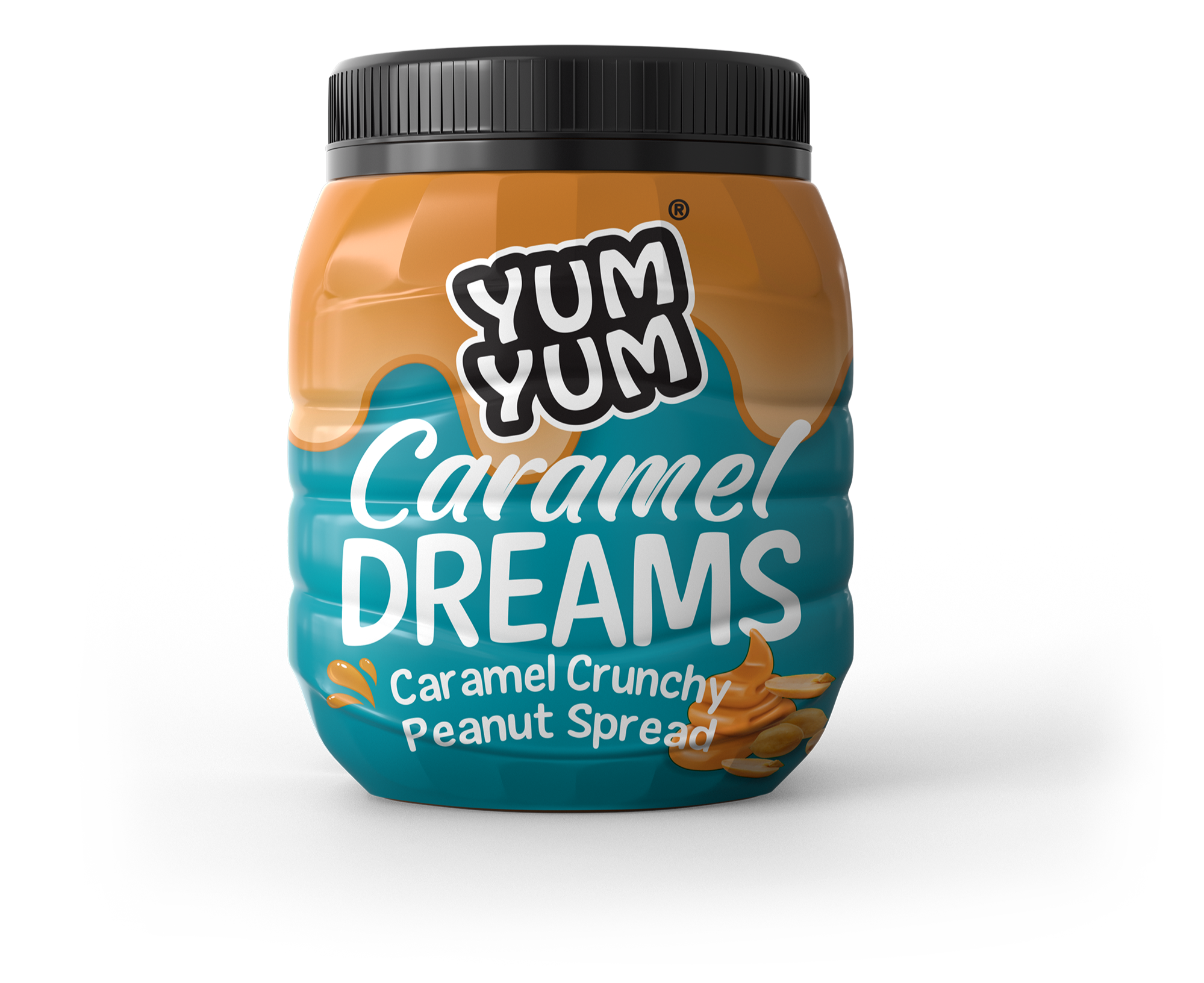 Photoreal product render of Yum Yum Caramel Dreams peanut butter for campaign visuals